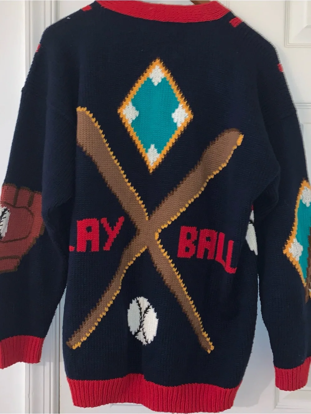 Vintage hand knit cardigan ugly sweater funky teacher baseball